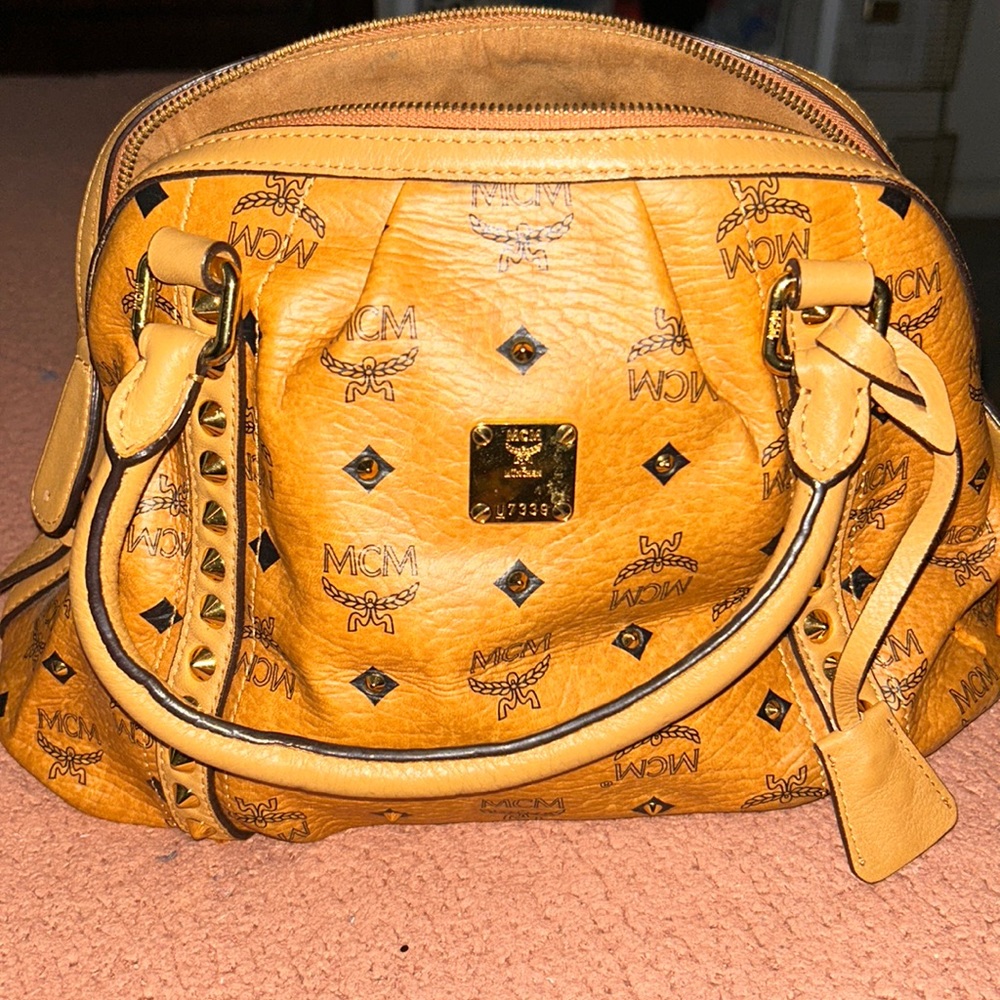 MCM Brown Visetos Studded Handle Bag